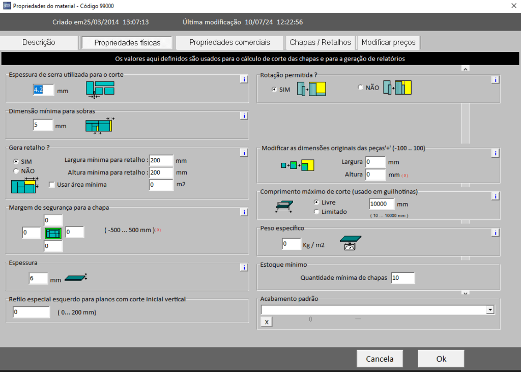 configurações do sistema Corte Certo