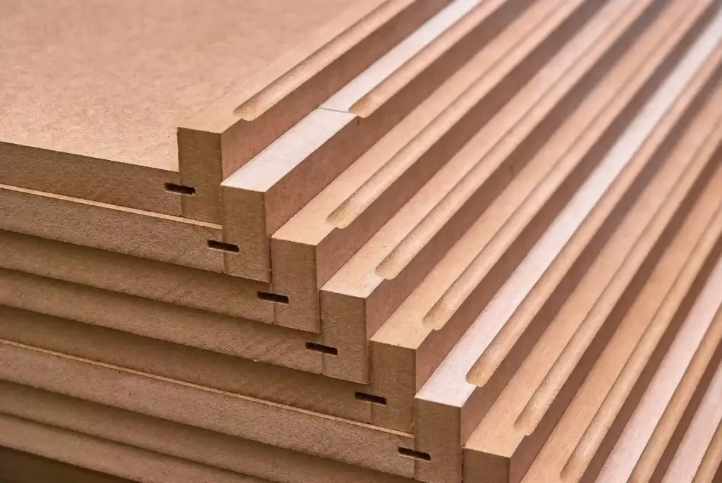 Camadas de placas de madeira MDF empilhadas, mostrando cortes e detalhes na borda, ideal para projetos de marcenaria, você sae como fazer plano de corte MDF para usá-las?