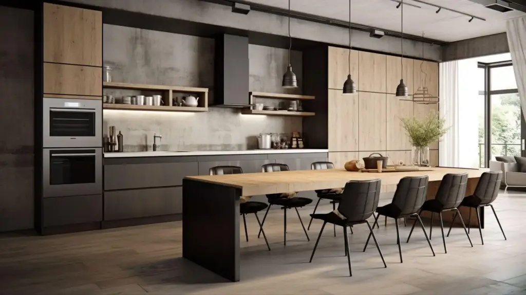 Cozinha moderna com mesa de jantar em madeira, cadeiras pretas e decoração minimalista, ideal para ambientes contemporâneos. Planjada a partir de plano de corte para moveis planejados