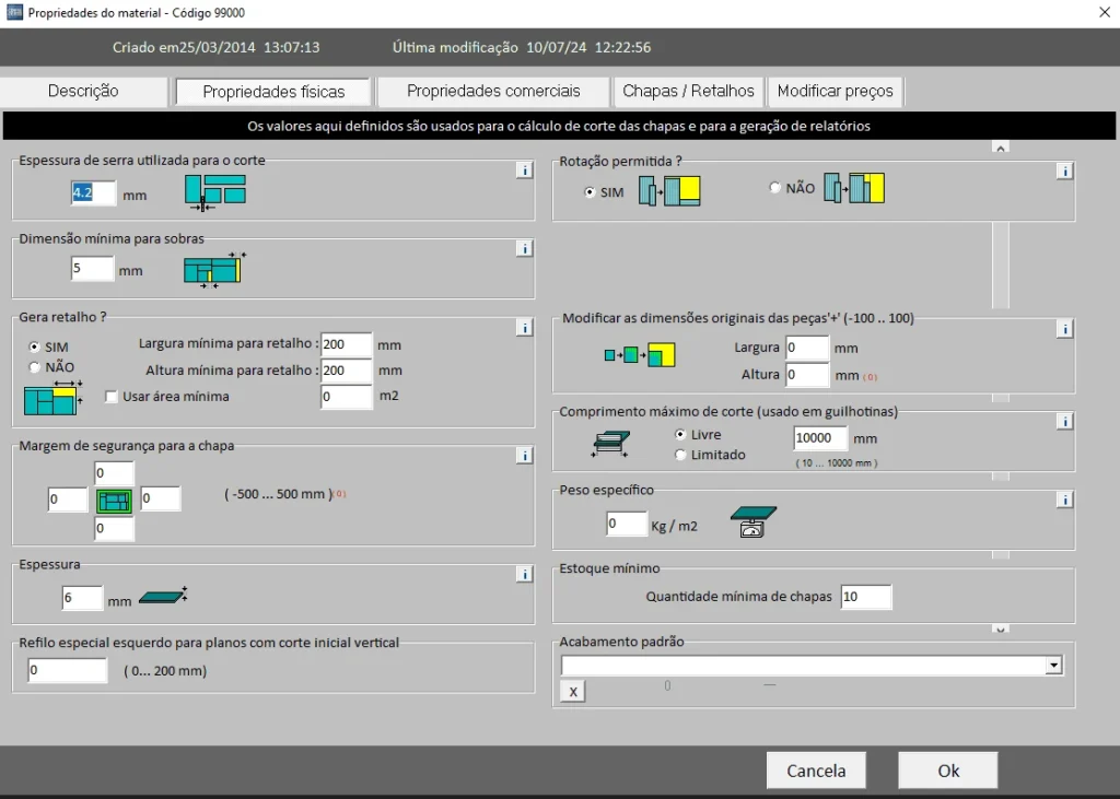 Interface de software utilizada para calcular o corte de chapas metálicas, com propriedades detalhadas e opções de personalização para usuários.