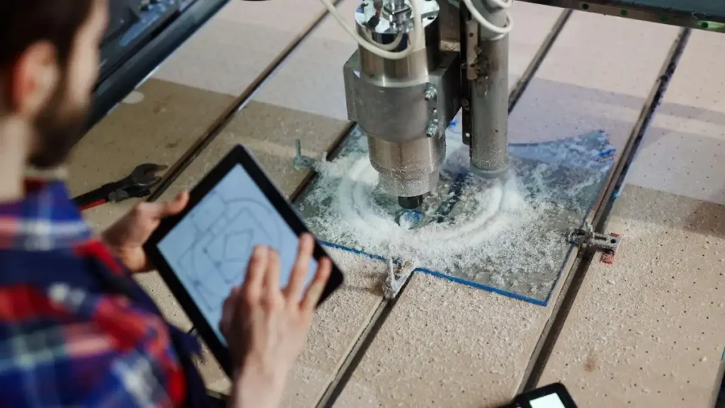 Homem utilizando tablet enquanto opera uma máquina CNC, mostrando cortes precisos em materiais com resíduos de madeira.