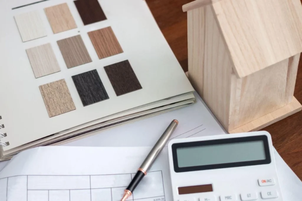 Imagem mostrando um catálogo de cores de madeiras, uma calculadora, uma caneta, um formulário e uma pequena casa de madeira.