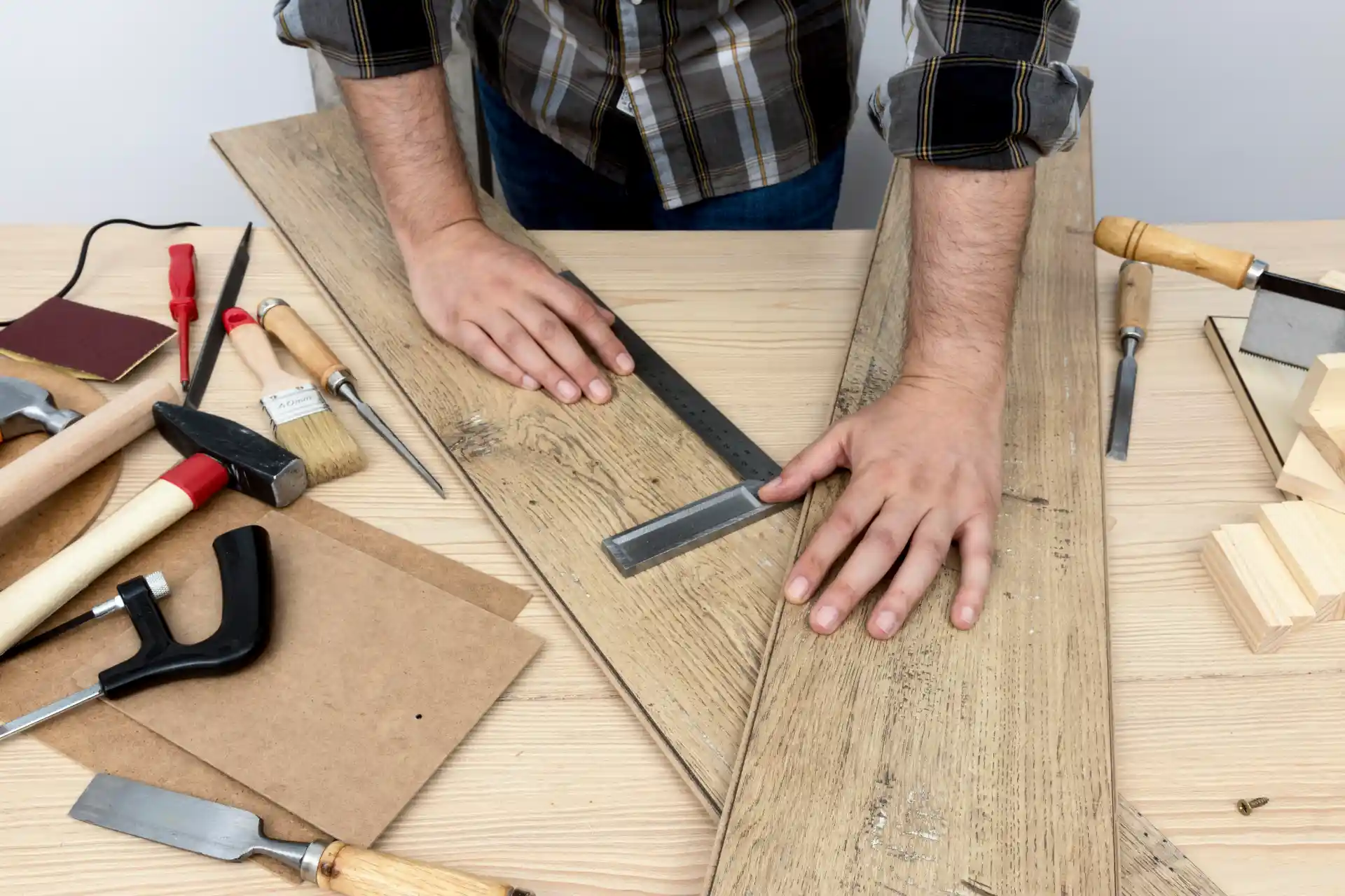 Homem realizando carpintaria com ferramentas e madeira, projetando móveis ou construções em uma oficina de marcenaria.