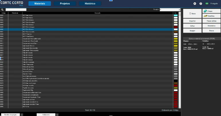 Imagem mostrando uma tela de software de corte de materiais, destacando opções de configurações e diferentes tipos de materiais para corte preciso.
